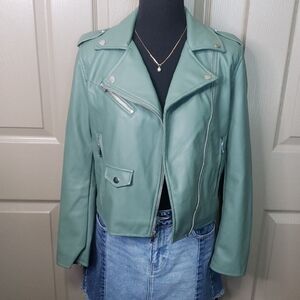 NINE WEST Women's Green Faux Leather moto Jacket Size XS
